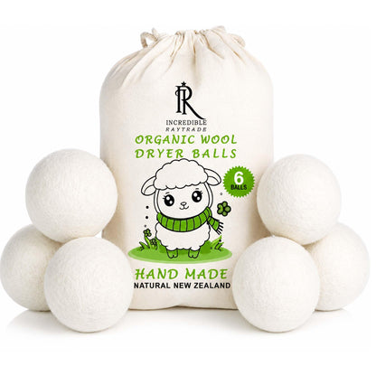 RAYTRADE XL Wool Dryer Balls 6-Pack 100% Made of Organic New Zealand Wool Reduces Clothing Wrinkles and Saves Drying Time Reusable Natural Fabric Softener Stocking Stuffer Gifts (White)