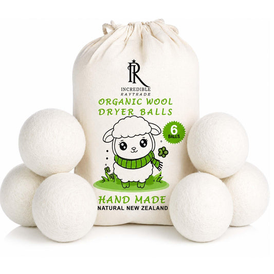 RAYTRADE XL Wool Dryer Balls 6-Pack 100% Made of Organic New Zealand Wool Reduces Clothing Wrinkles and Saves Drying Time Reusable Natural Fabric Softener Stocking Stuffer Gifts (White)