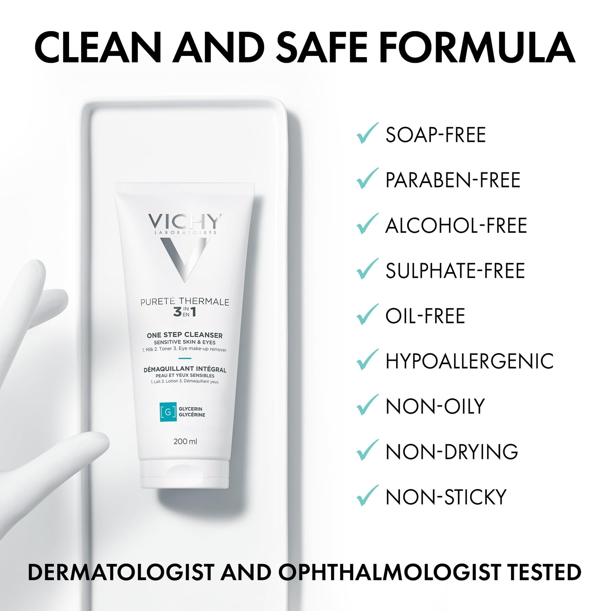 Vichy Gentle Facial Cleanser and Makeup Remover, Purete Thermal 3-in-1 Face Cleanser for Sensitive Skin, Hypoallergenic, Dermatologist Recommended, Paraben-Free, 200mL - Available at All In One Marketplace Canada