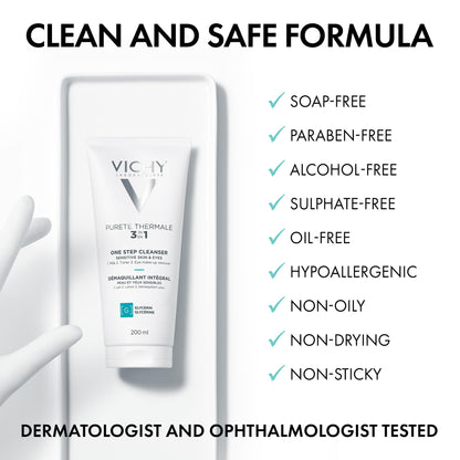 Vichy Gentle Facial Cleanser and Makeup Remover, Purete Thermal 3-in-1 Face Cleanser for Sensitive Skin, Hypoallergenic, Dermatologist Recommended, Paraben-Free, 200mL - Available at All In One Marketplace Canada