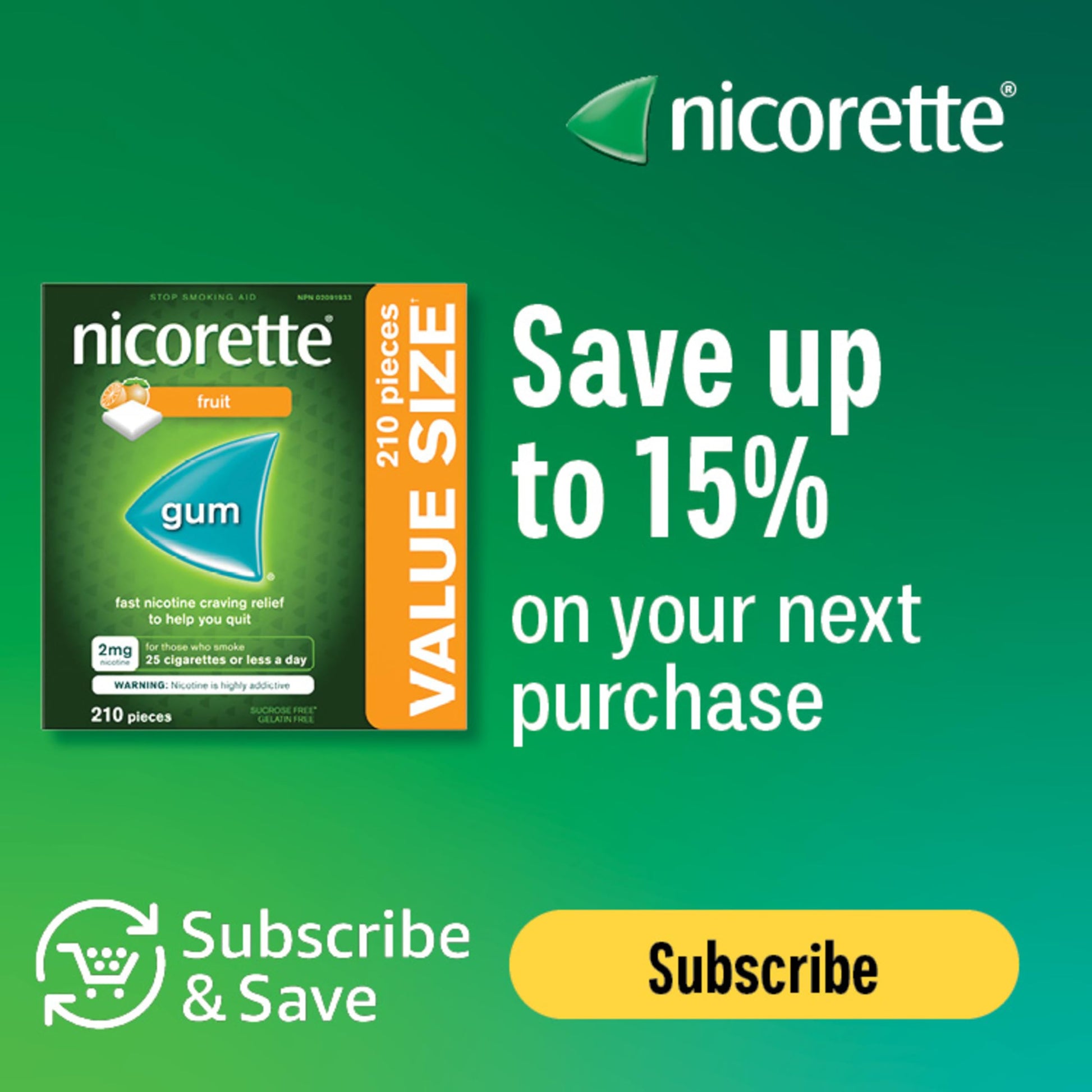 Nicorette 2mg Nicotine Gum, Fruit – Quit Smoking Aid with Fast Craving & Withdrawal Relief, Nicotine Replacement Therapy (NRT), 210 Pieces (Value Size)