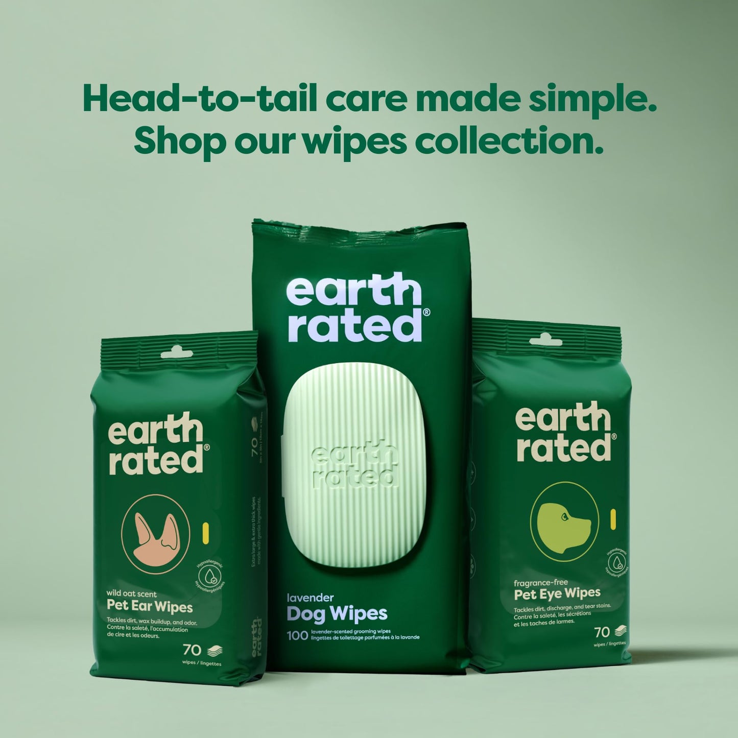 Earth Rated (A Canadian Company) Pet Wipes for Dogs and Cats, Hypoallergenic, Cleaning and Hydrating, for Grooming Paws, Body and Butt, Unscented, 400 Count