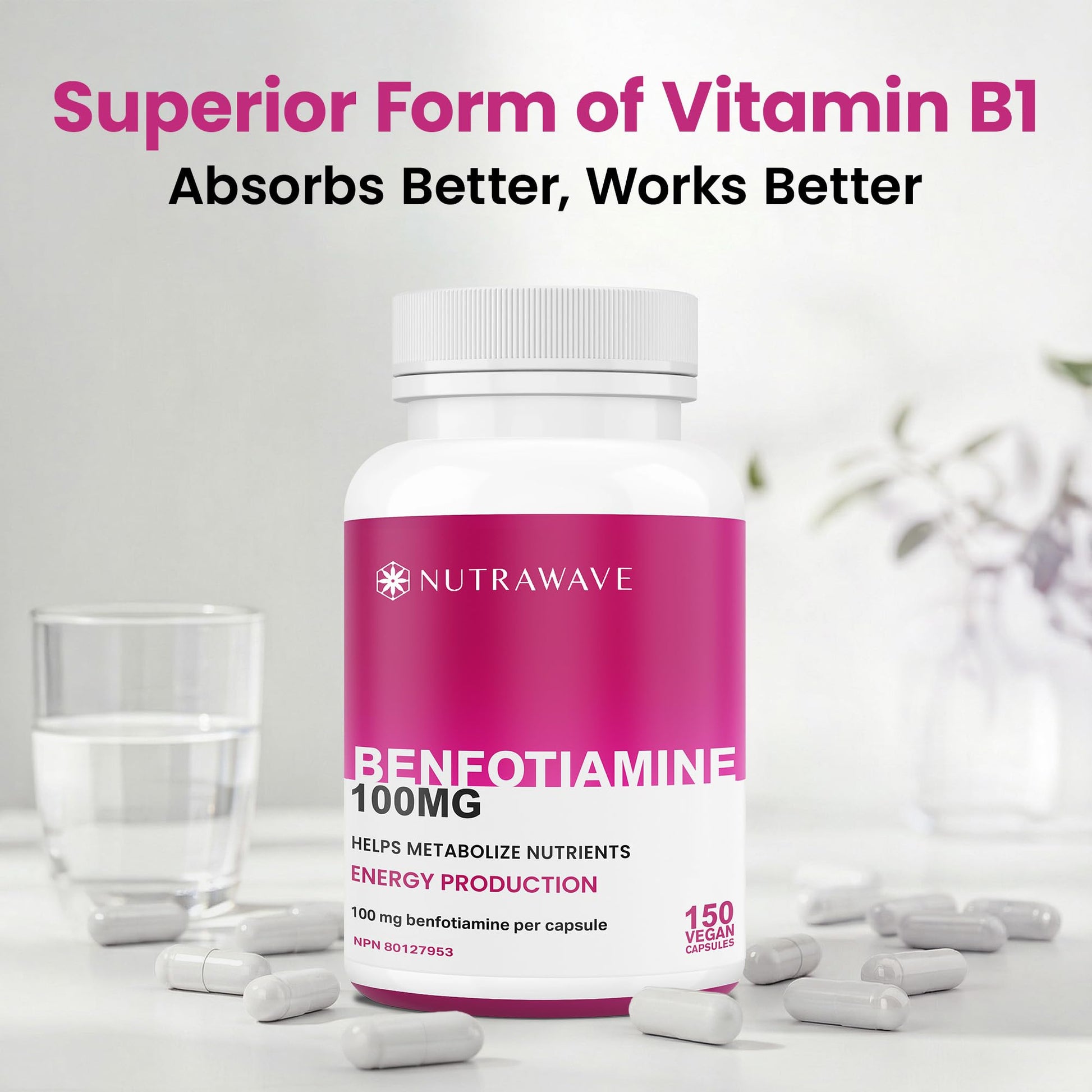 Nutrawave PURE *BONUS SIZE* 150 capsules HIGHEST POTENCY Benfotiamine Complex – 100mg, Thiamine B1 Supplement, Increased Energy, Nerve Support, All-Natural, Vegan, Gluten Free. 5-month supply - Available at All In One Marketplace Canada