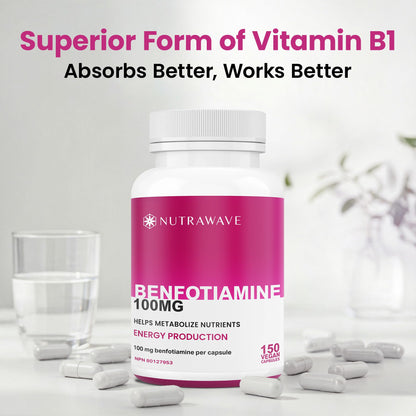 Nutrawave PURE *BONUS SIZE* 150 capsules HIGHEST POTENCY Benfotiamine Complex – 100mg, Thiamine B1 Supplement, Increased Energy, Nerve Support, All-Natural, Vegan, Gluten Free. 5-month supply - Available at All In One Marketplace Canada