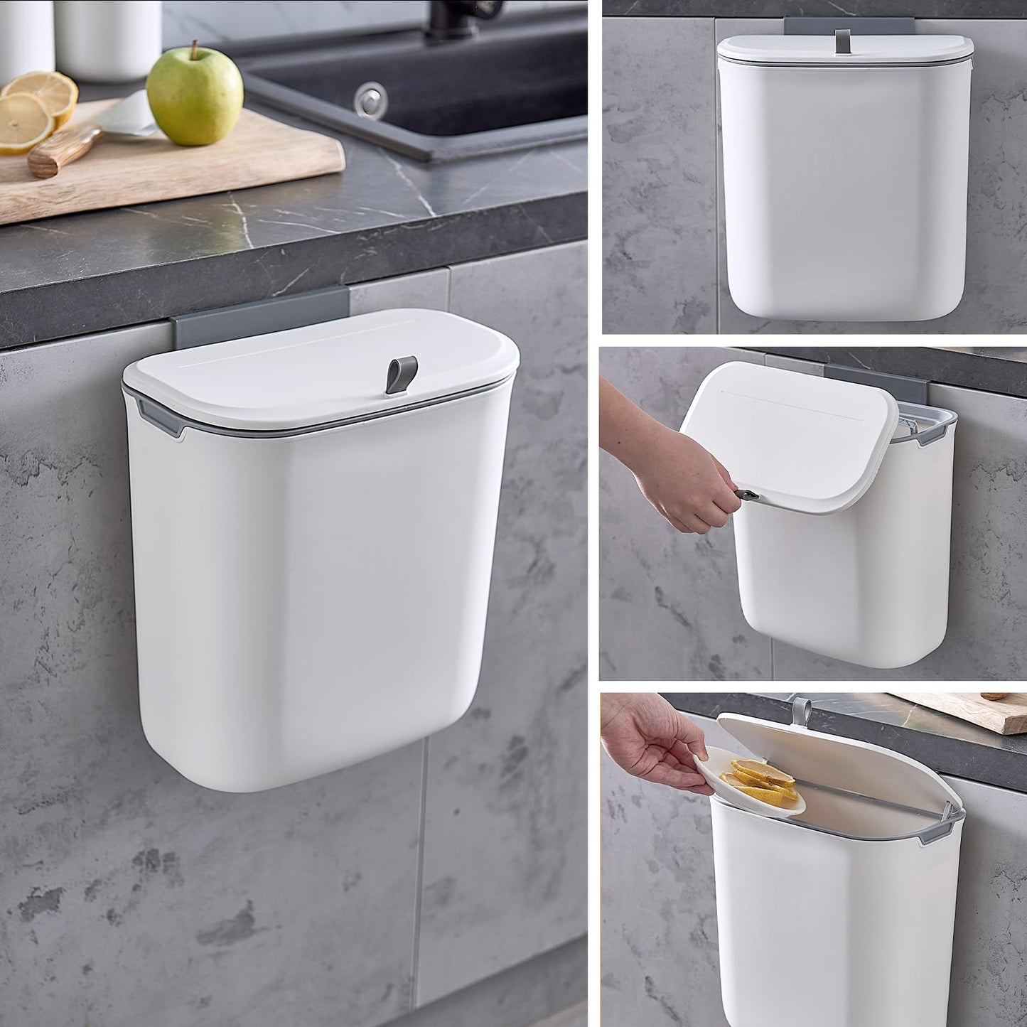 ELPHECO Compost Bin, 2.5 Gallon Hanging Trash Can with Lid, Kitchen Cabinet Door Under Sink Plastic Garbage Can Wall Mounted Slide Open, White - Available at All In One Marketplace Canada