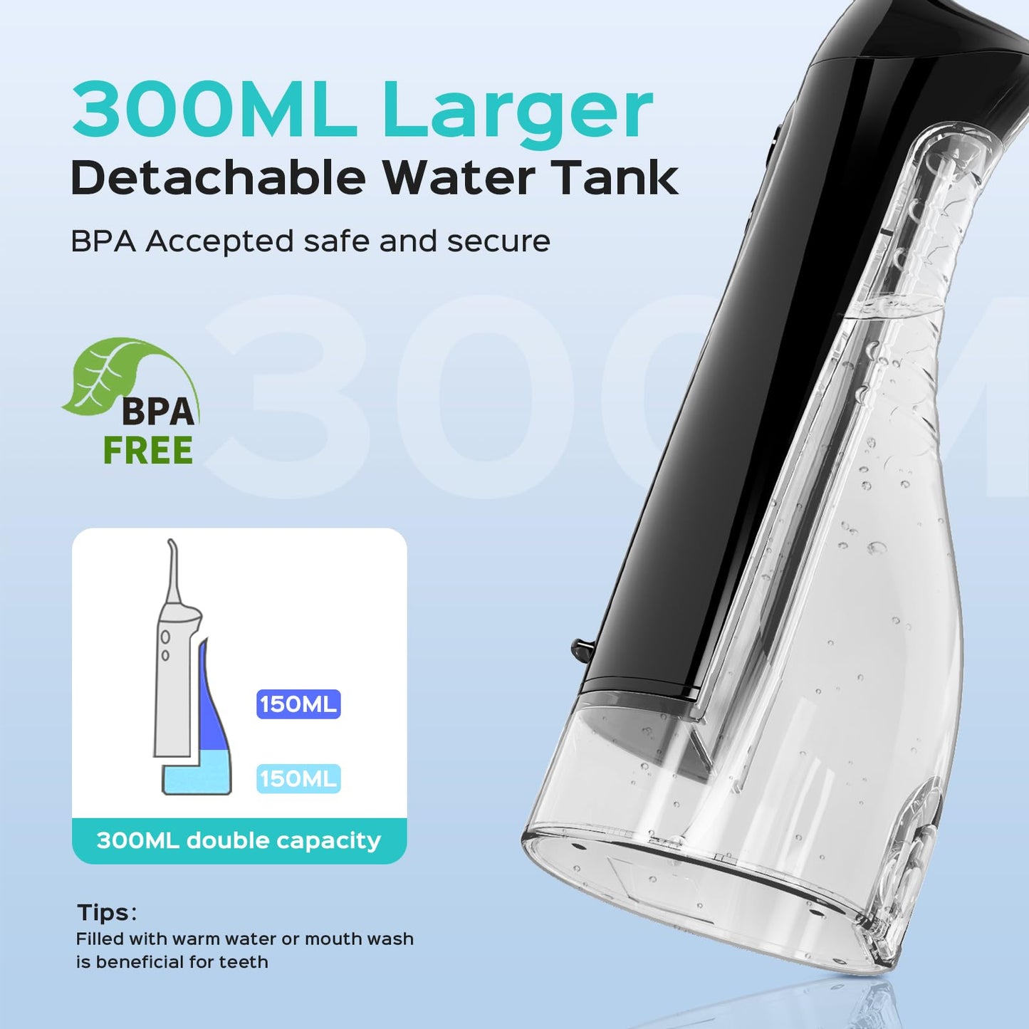 COSLUS Water Teeth Flosser C20 (F5020E): 300ML Cordless Electric Water Tooth Flossing Rechargeable IPX7 Waterproof Portable Travel Flossers Set for Teeth