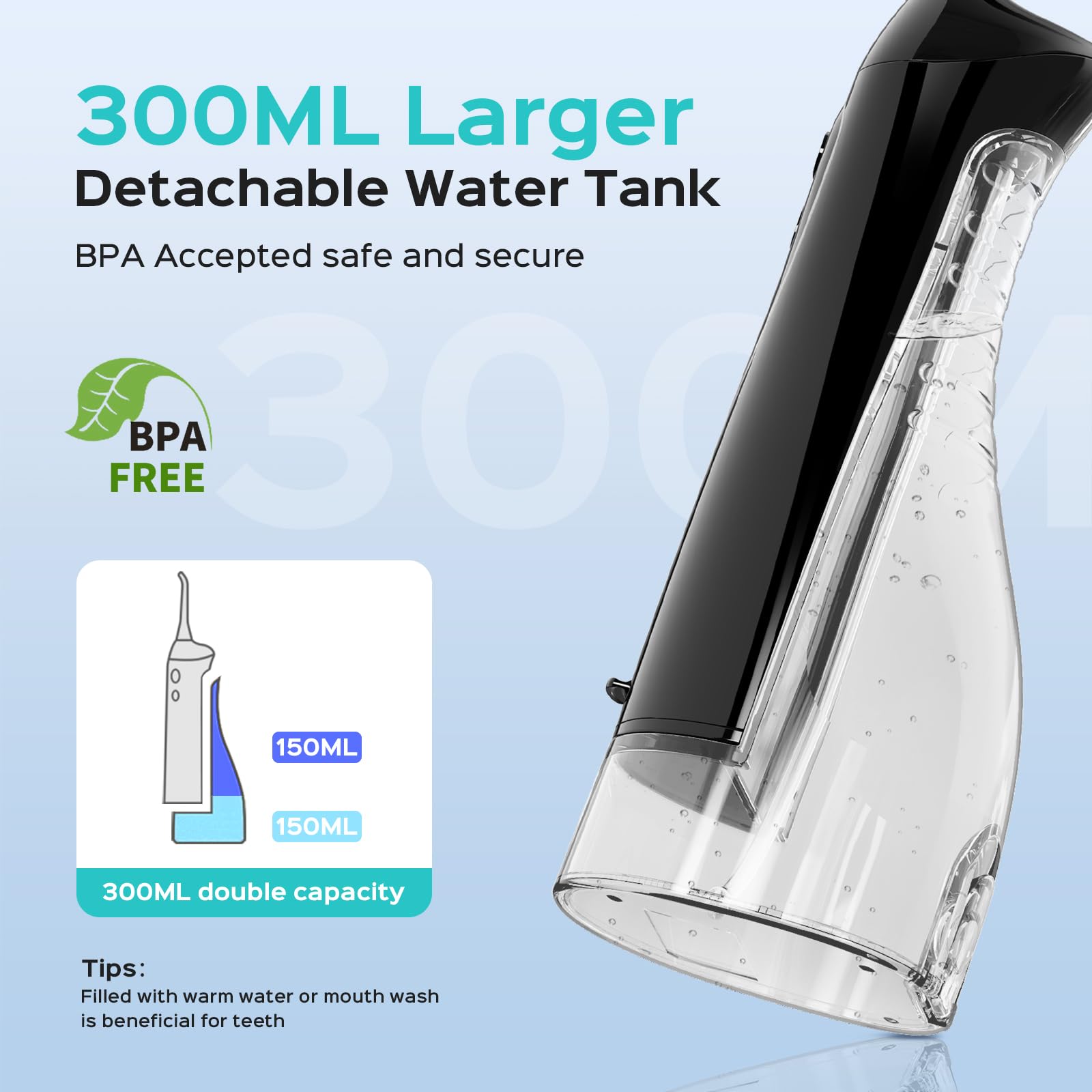 COSLUS Water Teeth Flosser C20 (F5020E): 300ML Cordless Electric Water Tooth Flossing Rechargeable IPX7 Waterproof Portable Travel Flossers Set for Teeth