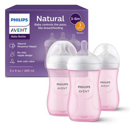 Philips Avent Natural Baby Bottles, Medium Flow, 9 oz, BPA-Free, 3-Pack