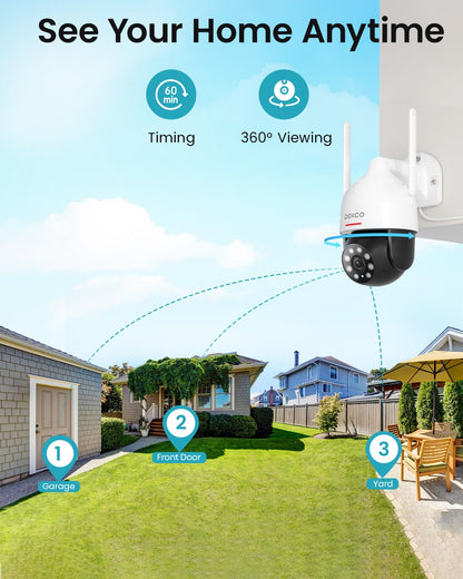 DEKCO 2K Outdoor Security Camera with 360 Degree Pan-Tilt Motion Tracking, Home Camera Surveillance Exterieur, WiFi Camera, Full Color Night Vision Sound-Light Alarm, 2-Way Audio, Waterproof