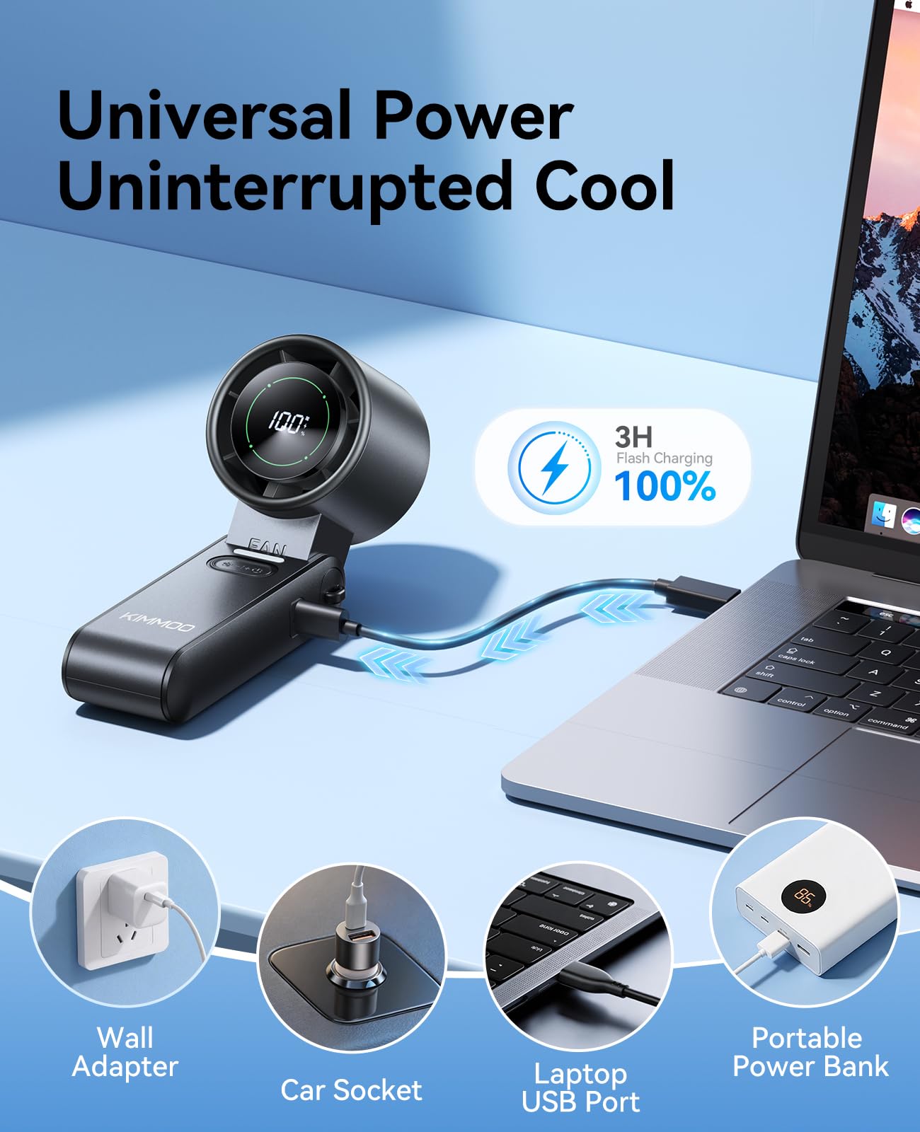 KIMMOO 3-in-1 Portable Handheld Turbo Fan -100 Speeds, 10800 RPM, 12Hrs Cooling, 120° Rotation, USB Rechargeable Mini Hand Held Personal Fan for Travel Makeup Outdoor Indoor (Black) - Available at All In One Marketplace Canada