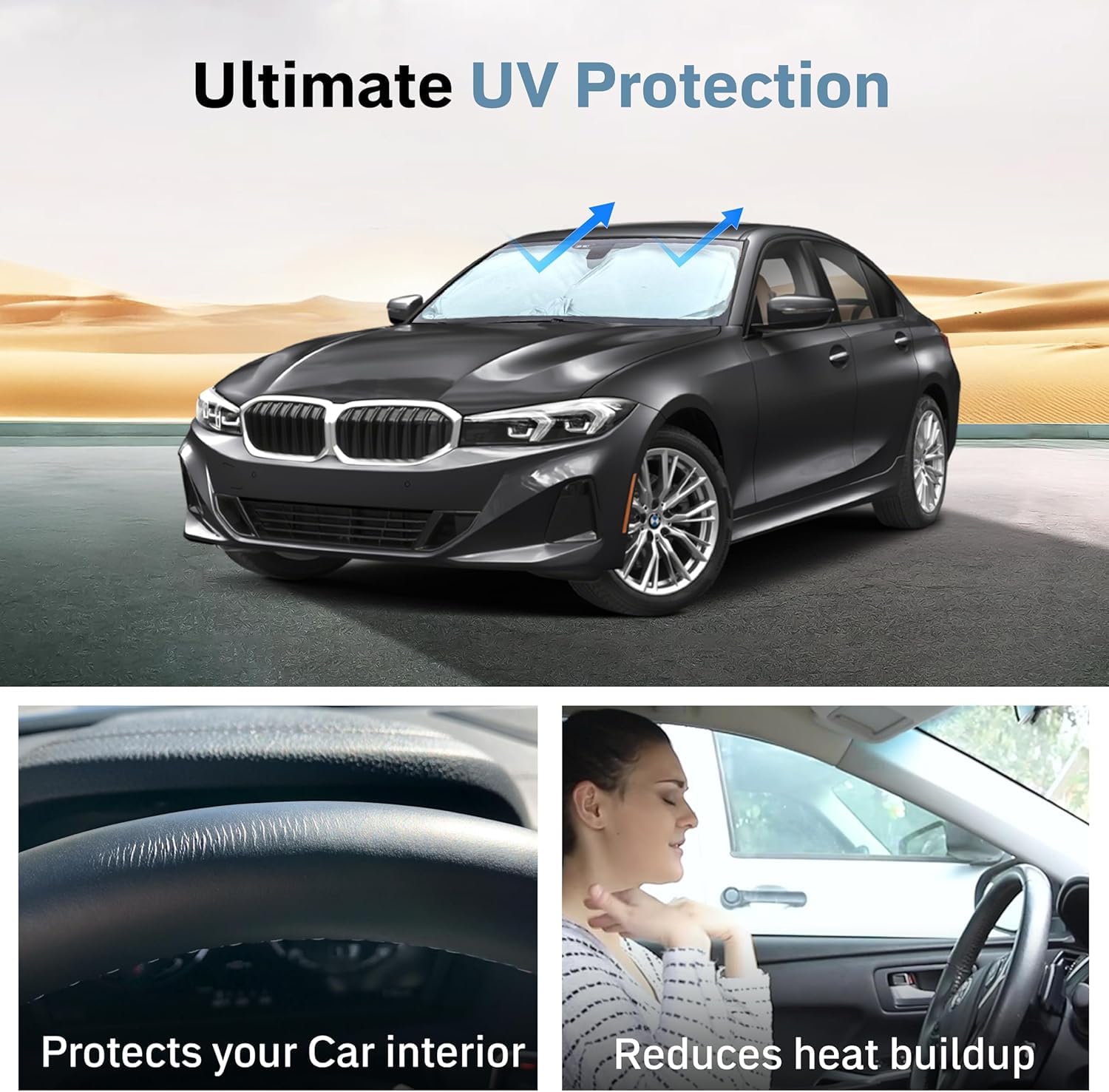 Autovir Car Windshield Sun Shade – 280T Thickened Reflective UV & Heat Shield with Storage Bag, Keeps Interior Cool, Universal Fit for Sedans, SUVs & Trucks – Medium (64" x 32")