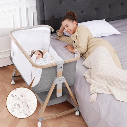 Baby Bassinet Bedside Sleeper - 3 in 1 Bassinets with Waterproof Sheets, Soft Mattress and Breathable Mesh, Adjustable Height Bedside Bassinet for Baby with Wheels, Storage Basket, Gray