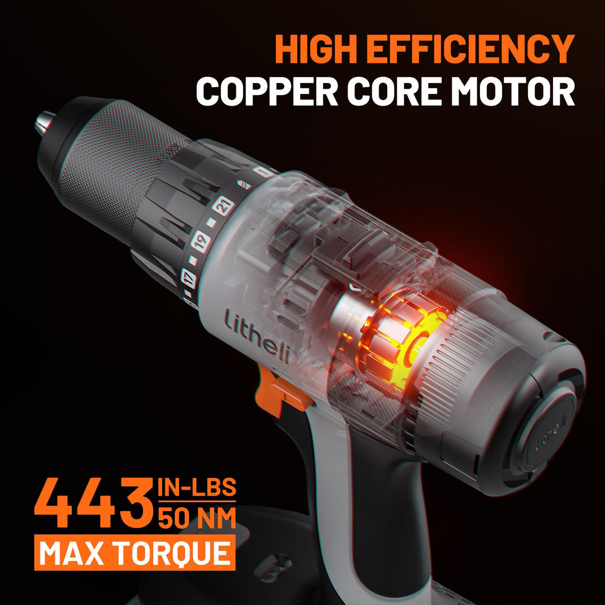 Litheli 20V Cordless Drill Driver, Electric Power Drill with 2 Variable Speed Settings, 1/2 Inch Keyless Chuck, 21+1 Clutch Settings with Maximum Torque of 443 in-lbs