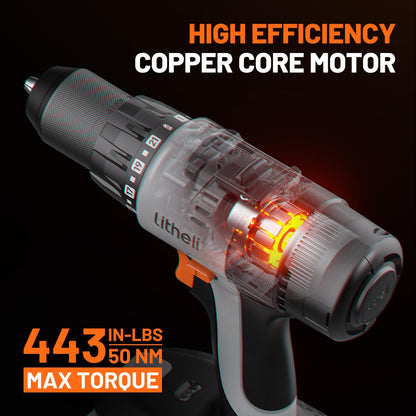 Litheli 20V Cordless Drill Driver, Electric Power Drill with 2 Variable Speed Settings, 1/2 Inch Keyless Chuck, 21+1 Clutch Settings with Maximum Torque of 443 in-lbs