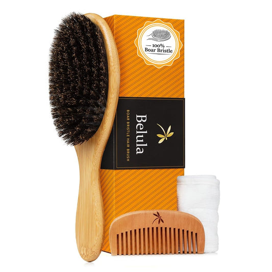Belula 100% Boar Bristle Hair Brush Set (Medium). Soft Natural Bristles for Thin and Fine Hair. Restore Shine And Texture. Wooden Comb, Travel Bag and Spa Headband Included! - Available at All In One Marketplace Canada