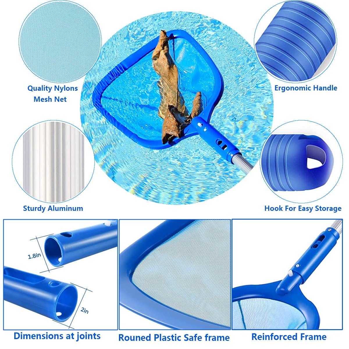 FBSPORT Pool Skimmer Net with Telescopic Pole, 59 inch Swimming Pool Leaf Net, Fine Mesh Pool Net, Pool Cleaner Maintenance Tool-Easy to Collecting Leaves for Swimming Pools, Hot Tubs, Ponds - Available at All In One Marketplace Canada