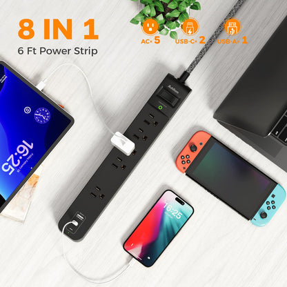 2 Pack Power Bar Surge Protector - 5 Widely Spaced Outlets 3 USB Charging Ports(2 USB C), 1875W/15A with 6Ft Braided Extension Cord, Flat Plug, Overload Surge Protection, Wall Mount for Home Office - Available at All In One Marketplace Canada