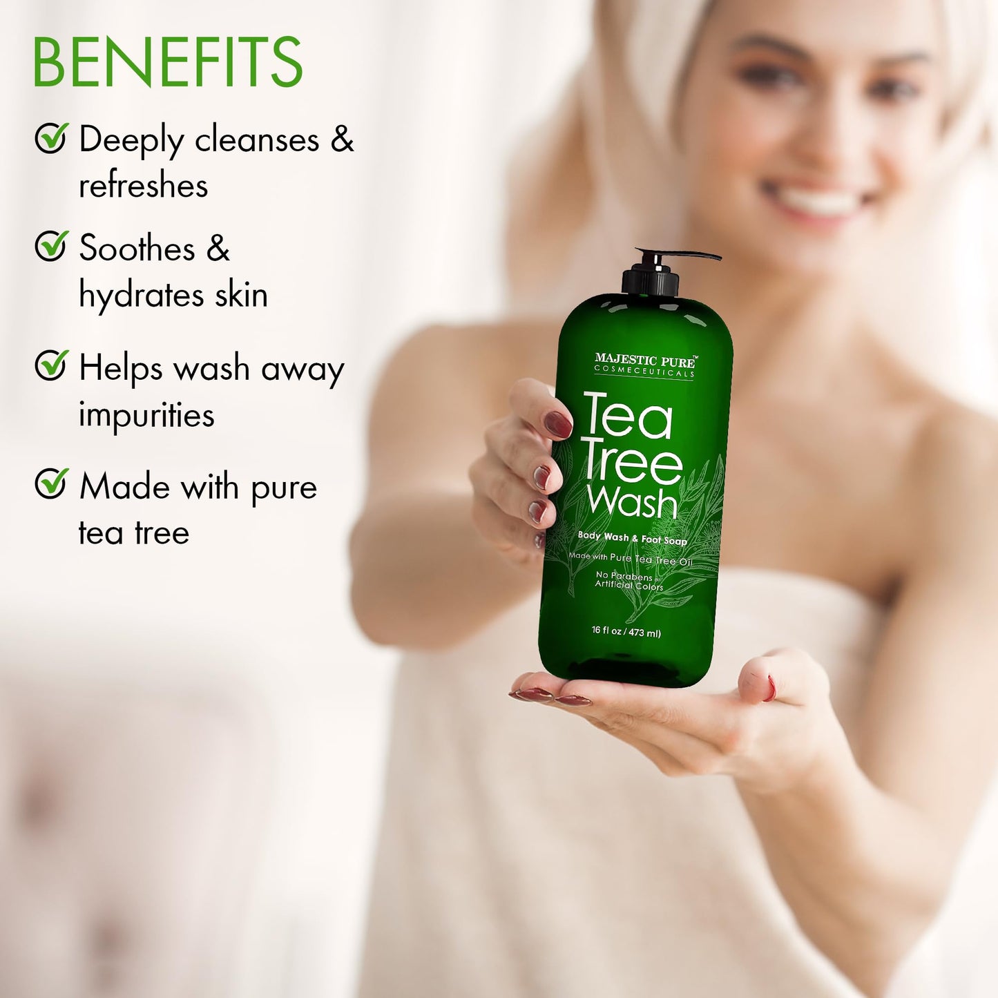 MAJESTIC PURE Tea Tree Body Wash with Collagen - Helps Nail Fungus, Athletes Foot, Ringworms, Jock Itch, Acne, Eczema & Body Odor - Soothes Itching - (Packaging May Vary), 16 fl oz - Available at All In One Marketplace Canada