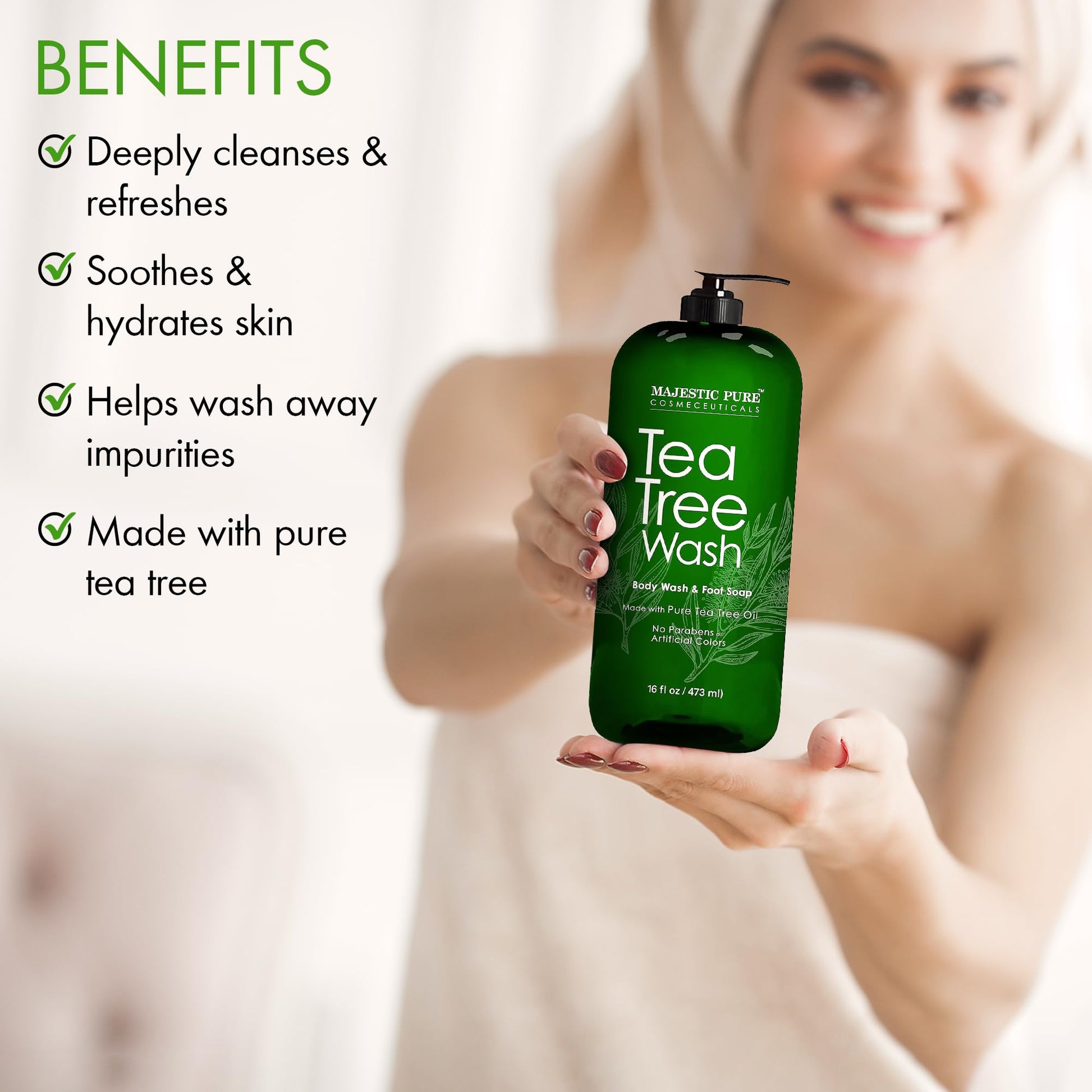 MAJESTIC PURE Tea Tree Body Wash with Collagen - Helps Nail Fungus, Athletes Foot, Ringworms, Jock Itch, Acne, Eczema & Body Odor - Soothes Itching - (Packaging May Vary), 16 fl oz - Available at All In One Marketplace Canada