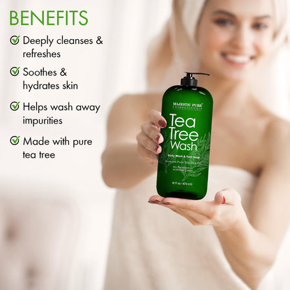 MAJESTIC PURE Tea Tree Body Wash with Collagen - Helps Nail Fungus, Athletes Foot, Ringworms, Jock Itch, Acne, Eczema & Body Odor - Soothes Itching - (Packaging May Vary), 16 fl oz - Available at All In One Marketplace Canada