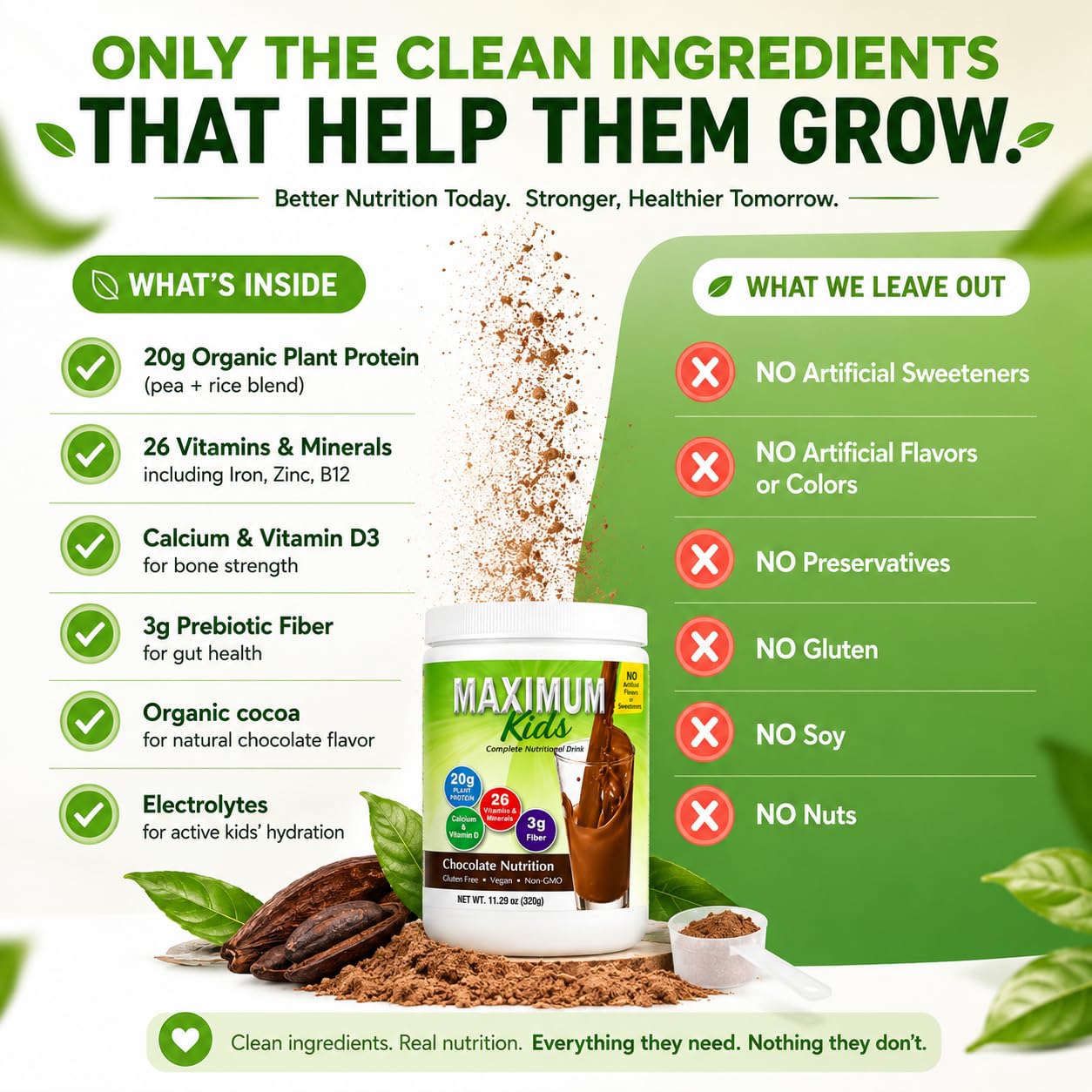 Maximum Kids Complete ORGANIC Powder Mix - Great TASTING, EASY to use, complete nutritional drink with 26 vitamins & Minerals, 20g of Plant Protein, 3g of Fiber. Kid TESTED! Parents APPROVED! - Available at All In One Marketplace Canada