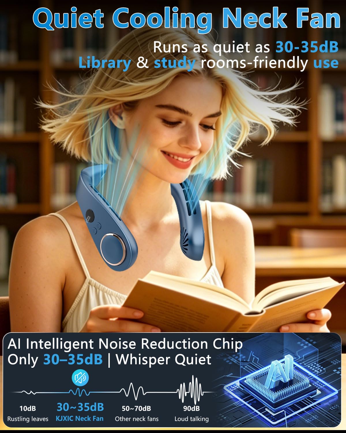 Sizet Neck Fan with Cooling Plate-USB 5500mAh Battery,24H Cooling,5 Speeds&3 Cooler Modes LED Display,Wearable Mini Portable Personal Fan,Quiet Neck Cooler for Women, Men, Kids, Travel, Outdoor, Blue - Available at All In One Marketplace Canada