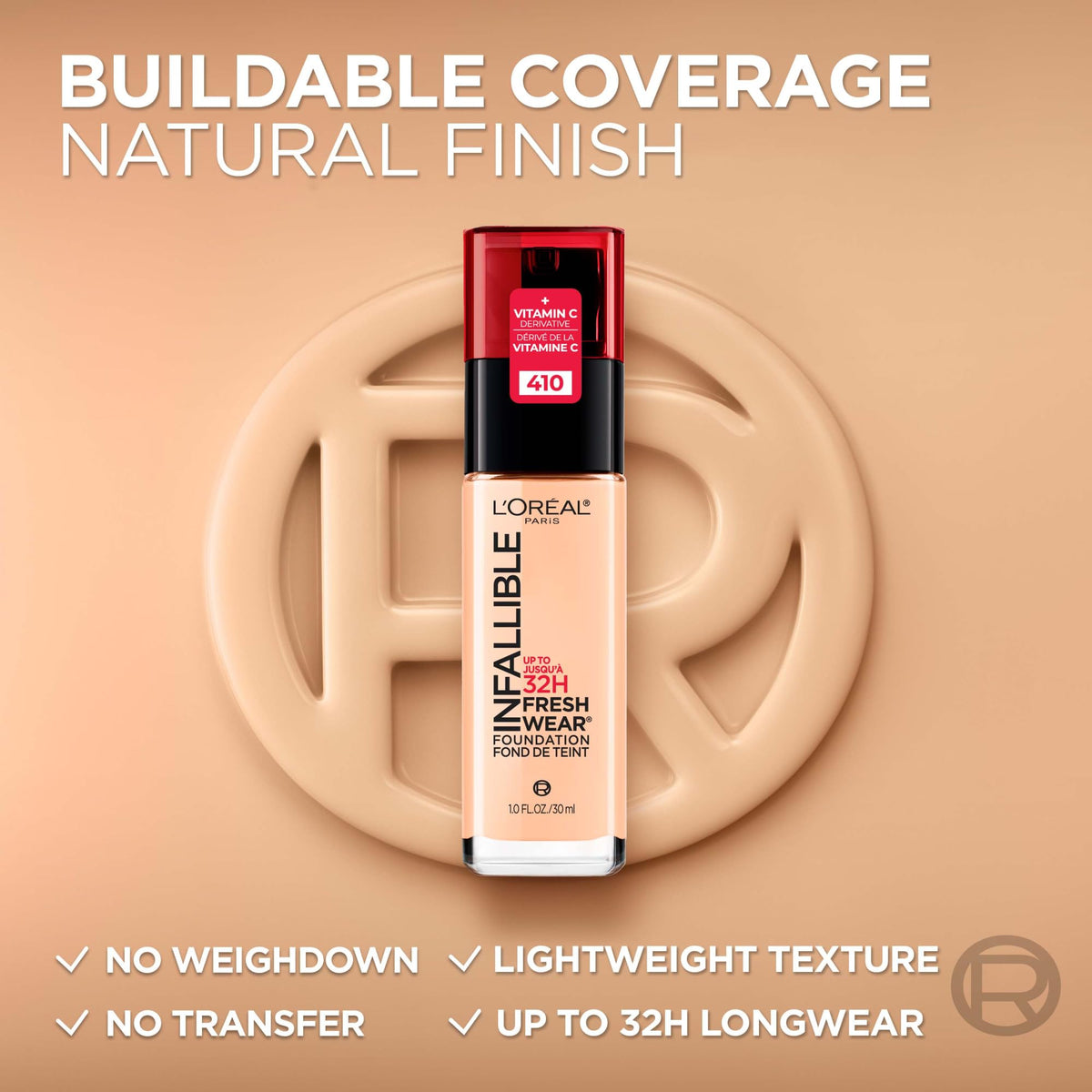 L'Oreal Paris Liquid Foundation, Full Coverage Foundation, Lasting Wear Makeup, With Vitamin C, Infallible Fresh Wear, Shade: 420 True Beige, Pack of 1
