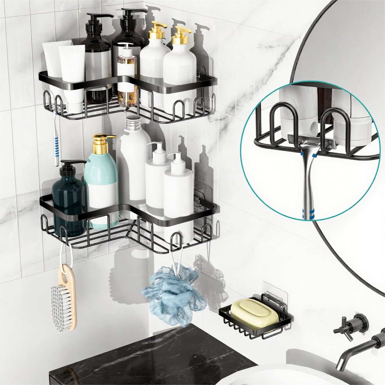 MOFOROCO 3-Pack Shower Caddy Corner Basket Shelf with Soap Holder, No Drilling Traceless Adhesive Shower Wall Shelves, Black Bathroom Shower Storage Organizer（ For 90-degree Right-angle Walls）