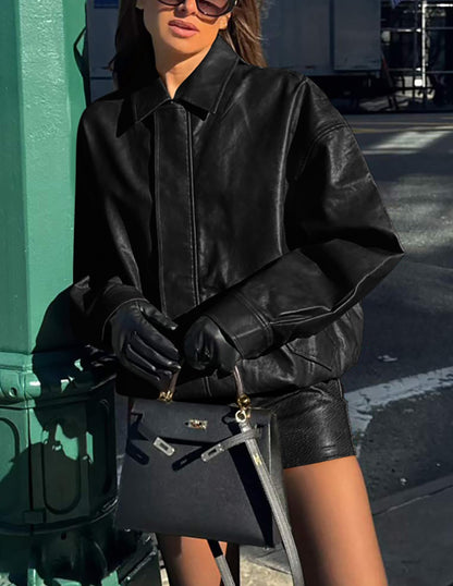 PRETTYGARDEN Women's Faux Leather Motorcycle Jacket Trendy Fall Spring Clothes Oversized Zip Up Winter Coat Outerwear (Black,Small) 🍁 All In One Marketplace Canada