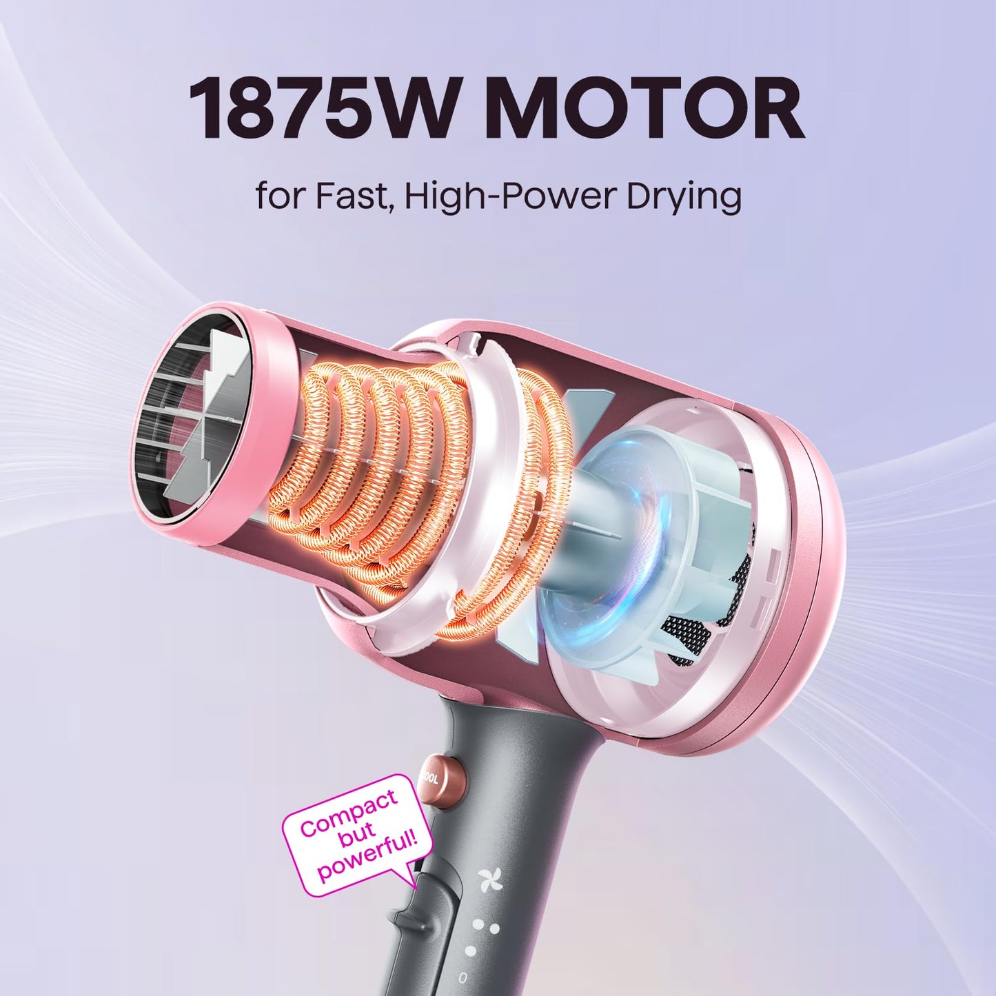 Wavytalk Hair Dryer with Diffuser, Blown Away Ionic Hair Dryer for Curly Hair, 1875W Fast Drying Blow Dryer with Ceramic Technology, 3 Attachments for All Hair Types, Light and Quiet, Blush Gold - Available at All In One Marketplace Canada