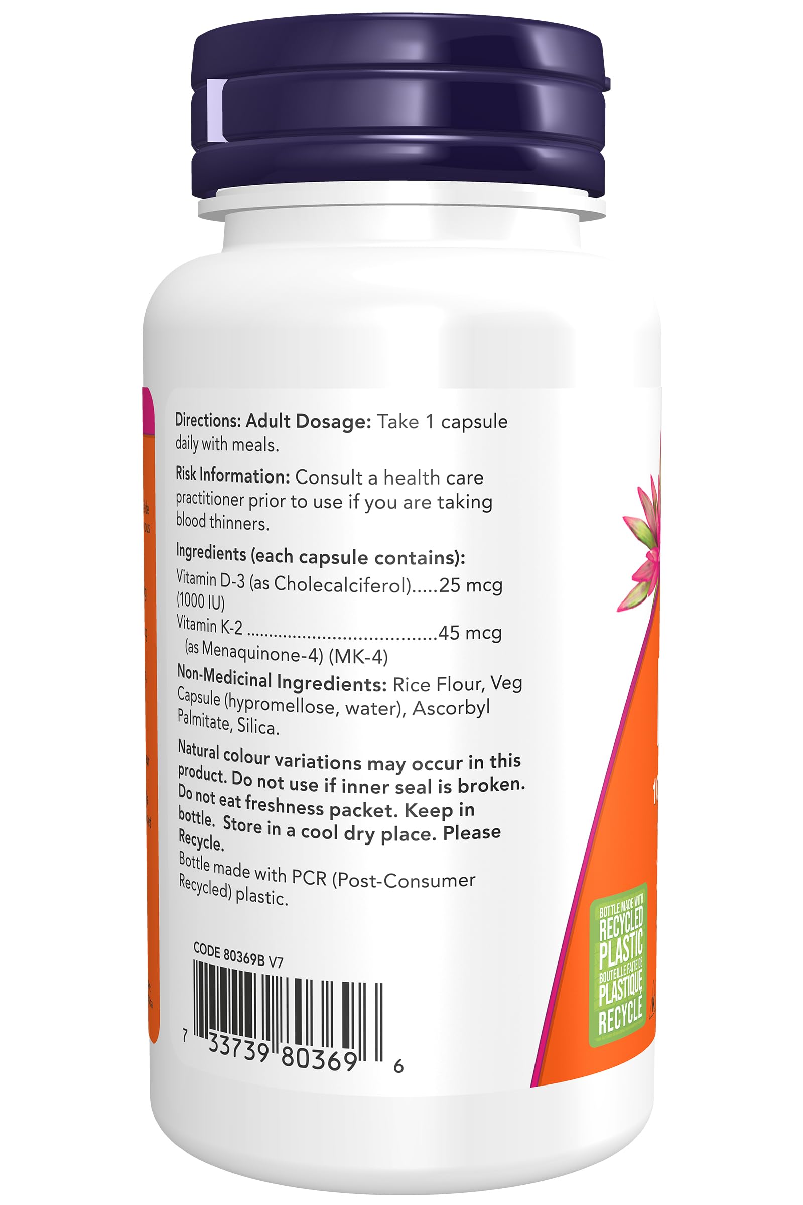 NOW Supplements, Vitamin D-3 & K-2, 1,000 IU/45 mcg, Plus Cardiovascular Support, Supports Bone Health, 120 Veg Capsules - Available at All In One Marketplace Canada