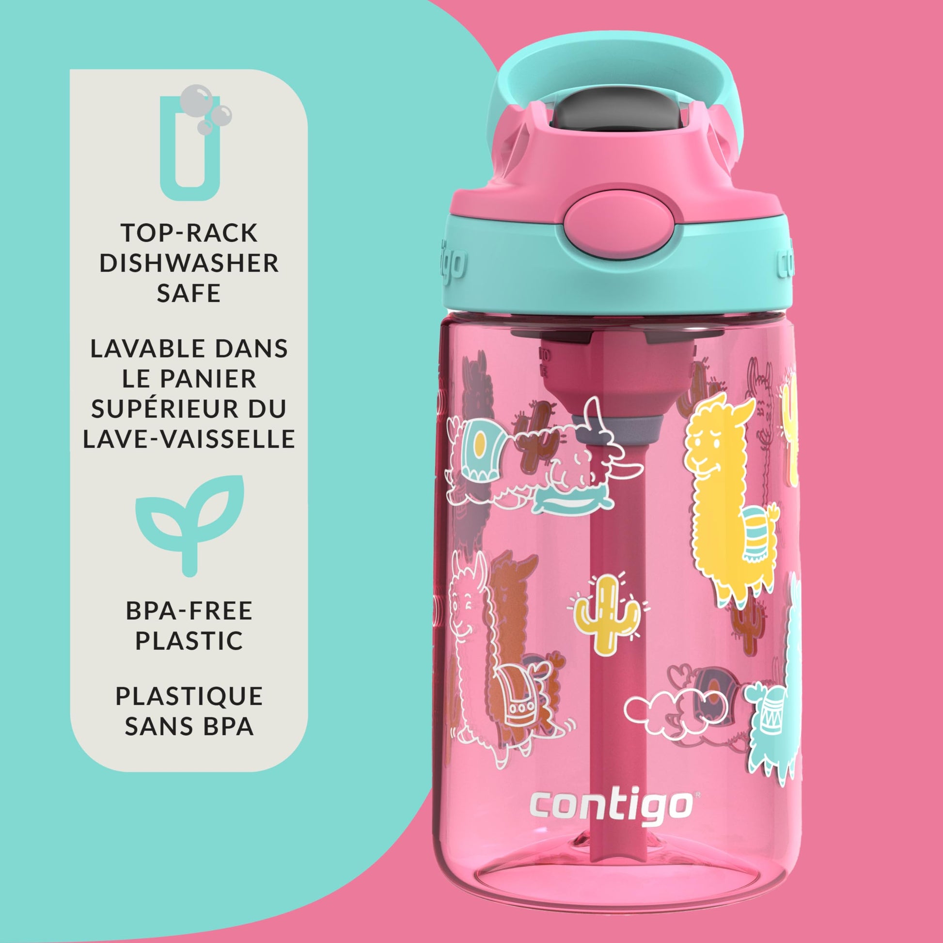 Contigo Kids Aubrey Straw Water Bottle with Leak-Proof Lid, BPA-Free Plastic, Dishwasher Safe, Azalea Jade Llama, 14 oz (414 mL)