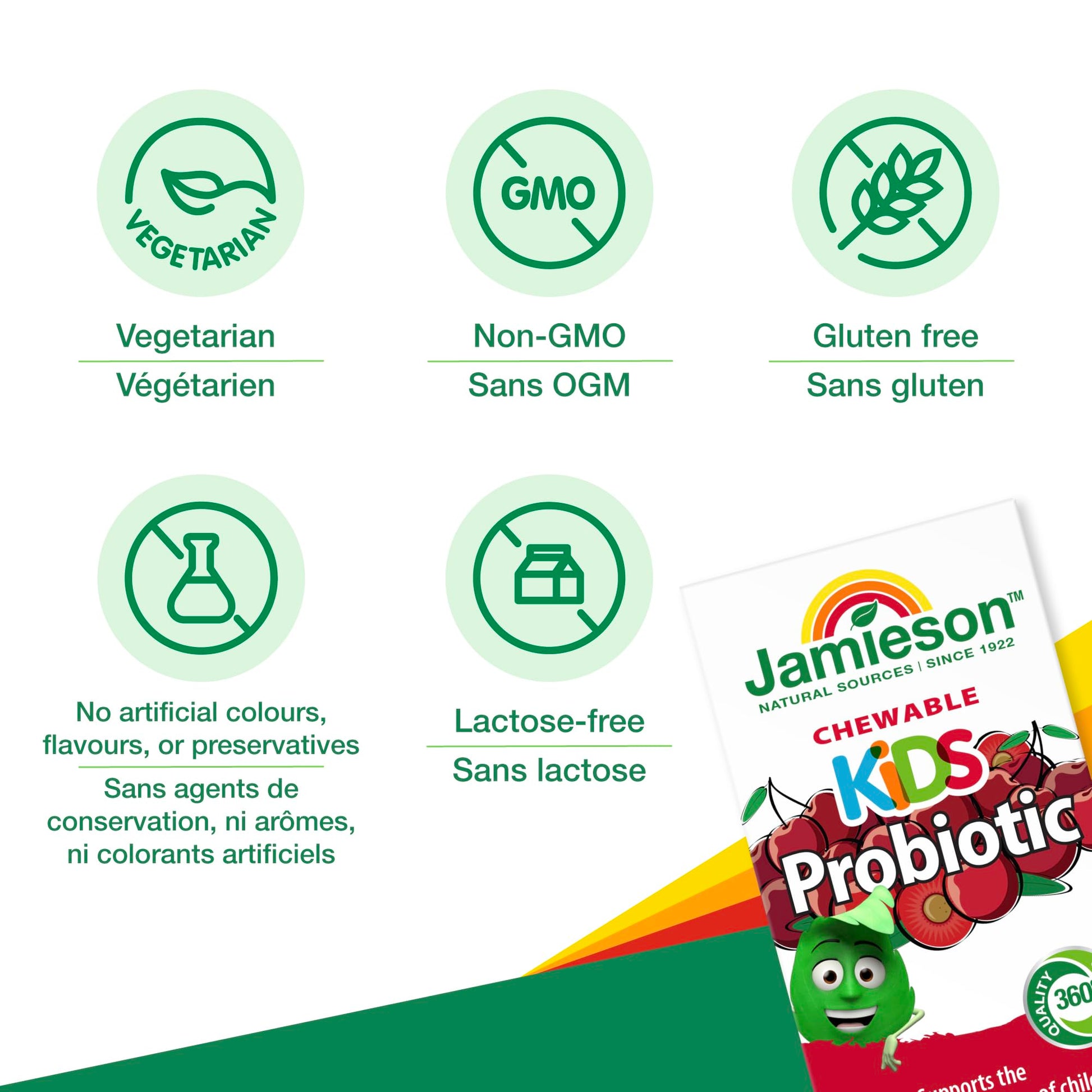 Jamieson Probiotic for Kids, 60 Chewable Tablets, 5 Billion CFU, Natural Cherry Flavour, Digestive and Intestinal Health. Non-GMO, No Artificial Colours, Flavours, or Preservatives, 60 Count - Available at All In One Marketplace Canada