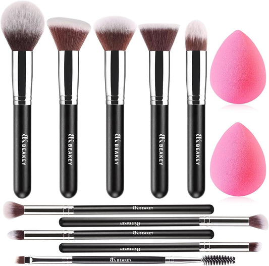 BEAKEY Makeup Brush Set Professional for Eye and Face, Foundation Blending, Eyeshadow, Concealer, Eye Shadow with 2 Blender Sponge, Paper Case