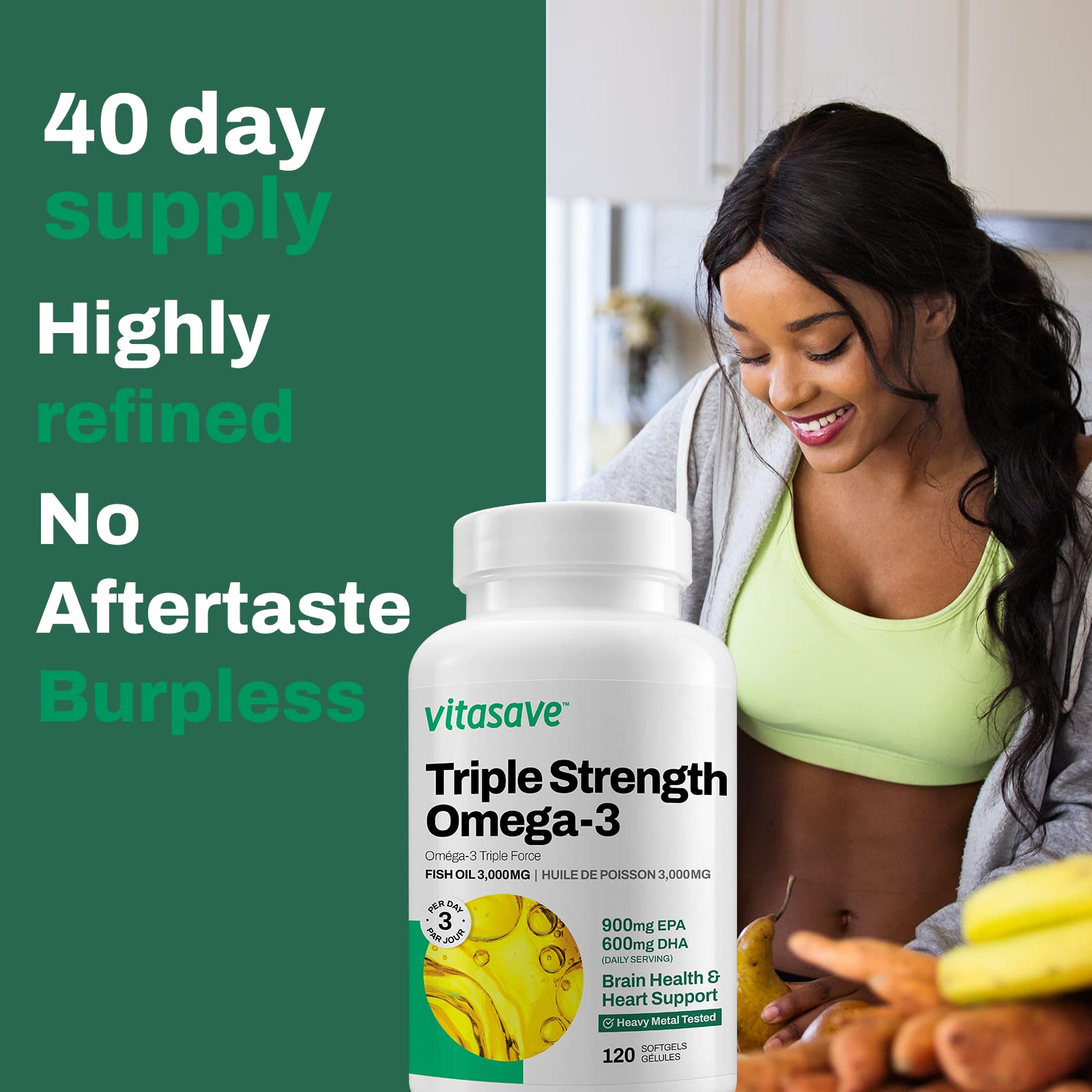 Vitasave Triple Strength Fish Oil Omega 3 Supplements – High-Potency 3000mg with 900mg EPA + 600mg DHA - Burpless Fish Oil Capsules for Heart, Brain & Joint Health - Non-GMO and Gluten-Free (120 Softgels - 40 Days Servings) - Available at All In One Marketplace Canada