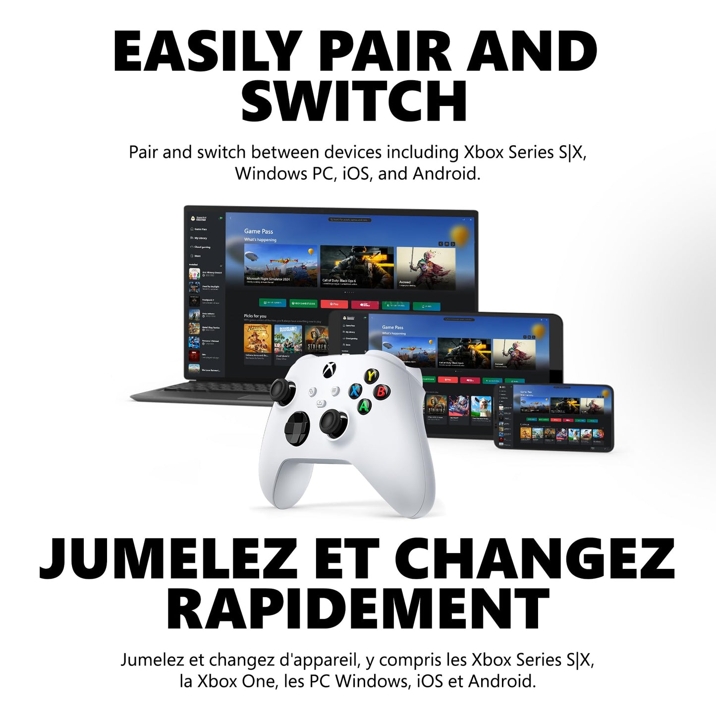 Manette sans fil Xbox Core – Blanc robot pour Xbox Series X|S, Xbox One, Windows PC, Android et iOS