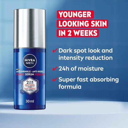 NIVEA MEN Anti Wrinkle 2-In-1 Power Serum for All Skin Types, Dark Spot Solution Face Serum for Men, With Luminous630 and Hyaluronic Acid to Reduce Deep Wrinkles and Dark Spots, 30mL
