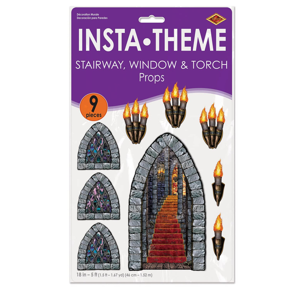 Beistle Medieval Stairway, Window & Torch Props, 9 Images, Haunted Castle Wall Decorations, Spooky Gothic Scene for Halloween Parties & Dungeon Themes, Printed Plastic Cutouts, 18” to 60”