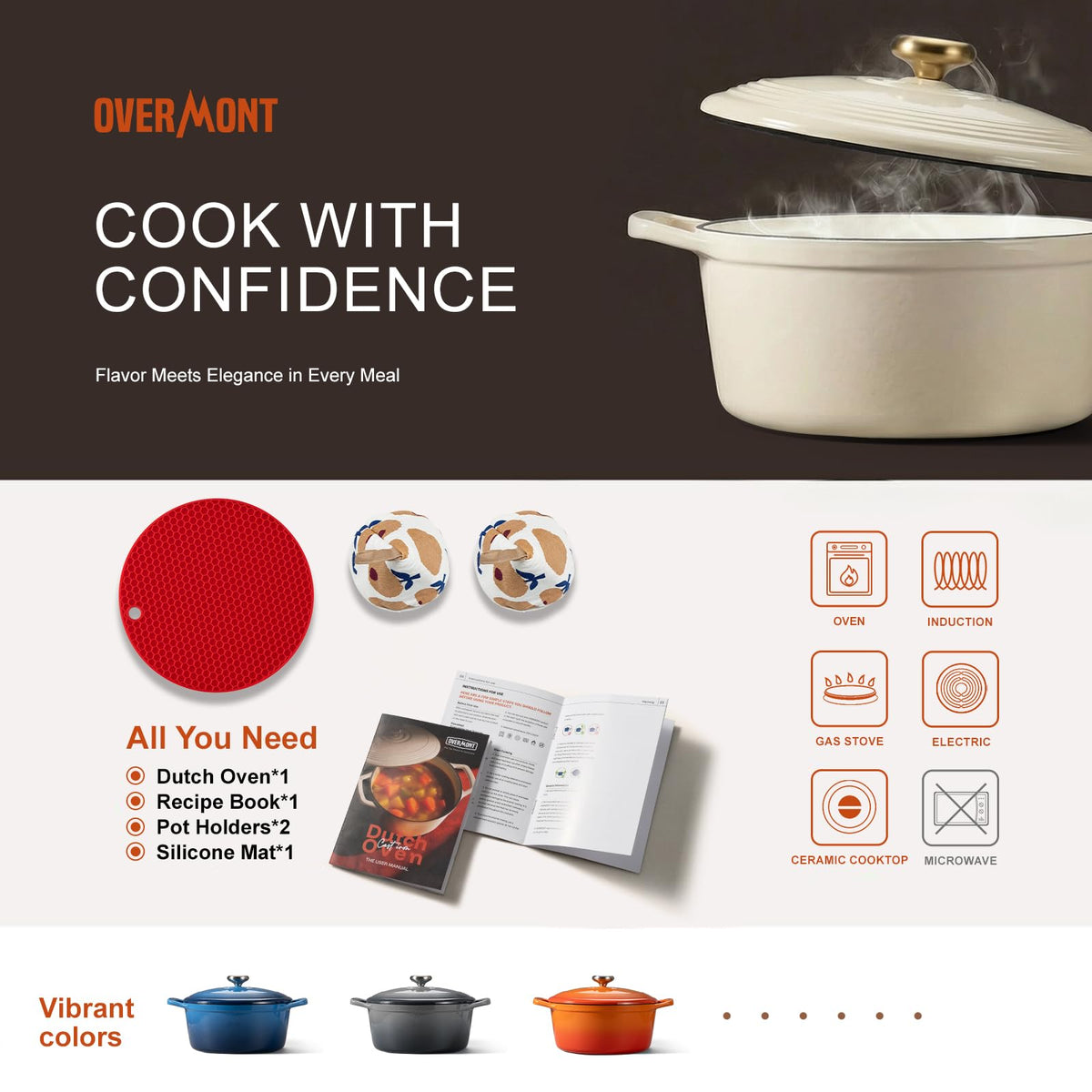 Overmont Enameled Cast Iron Dutch Oven - Lid Cookbook 5.5QT Creamwhite