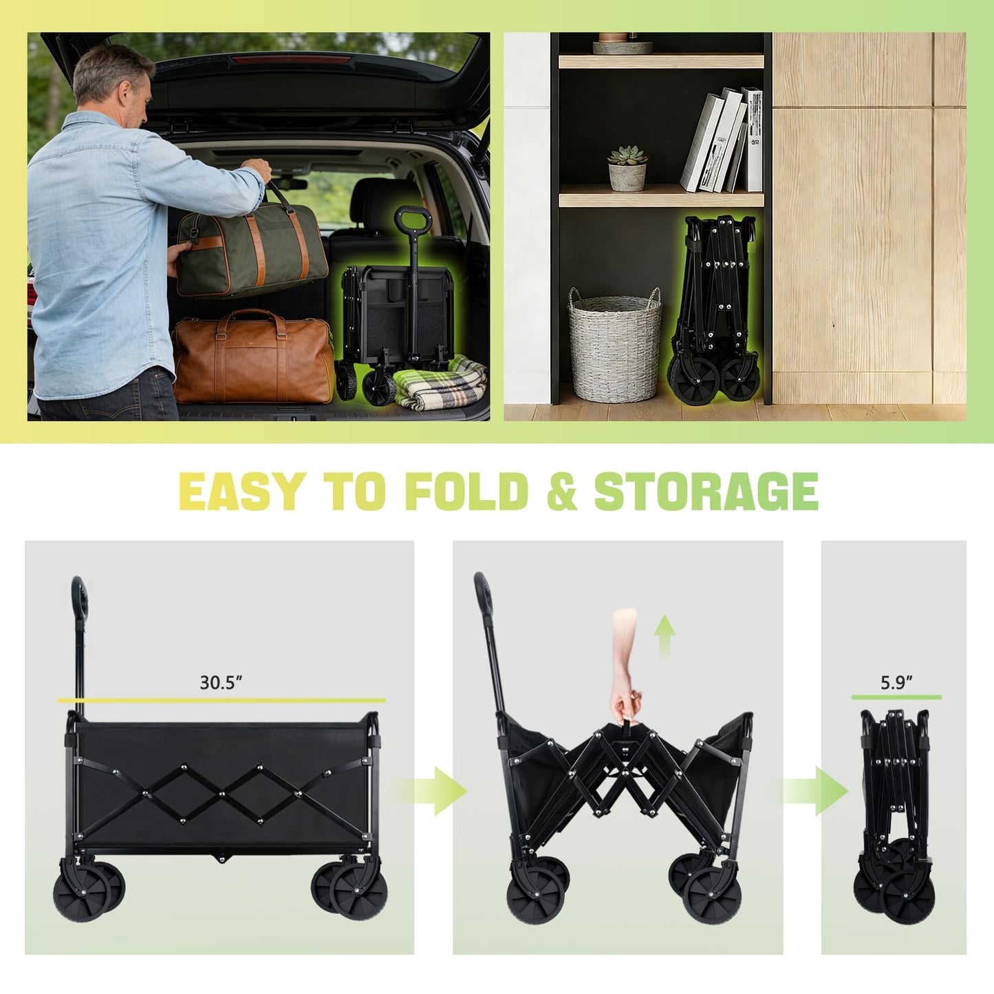 100KG Collapsible Foldable Wagon Carts - Heavy Duty Portable Folding Utility Wagons with All-Terrain Wheels for Grocery Sports Shopping Camping Garden Beach, 2 Drink Holders/Lightweight/Black - Available at All In One Marketplace Canada