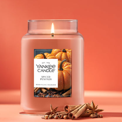 Yankee Candle Large Jar Scented Candle with up to 150 Hour Burn Time, Premium Plant Wax Blend for Cleaner Consistent Burn and Room Filling Fragrance, 22 oz, Spiced Pumpkin Yankee Candle