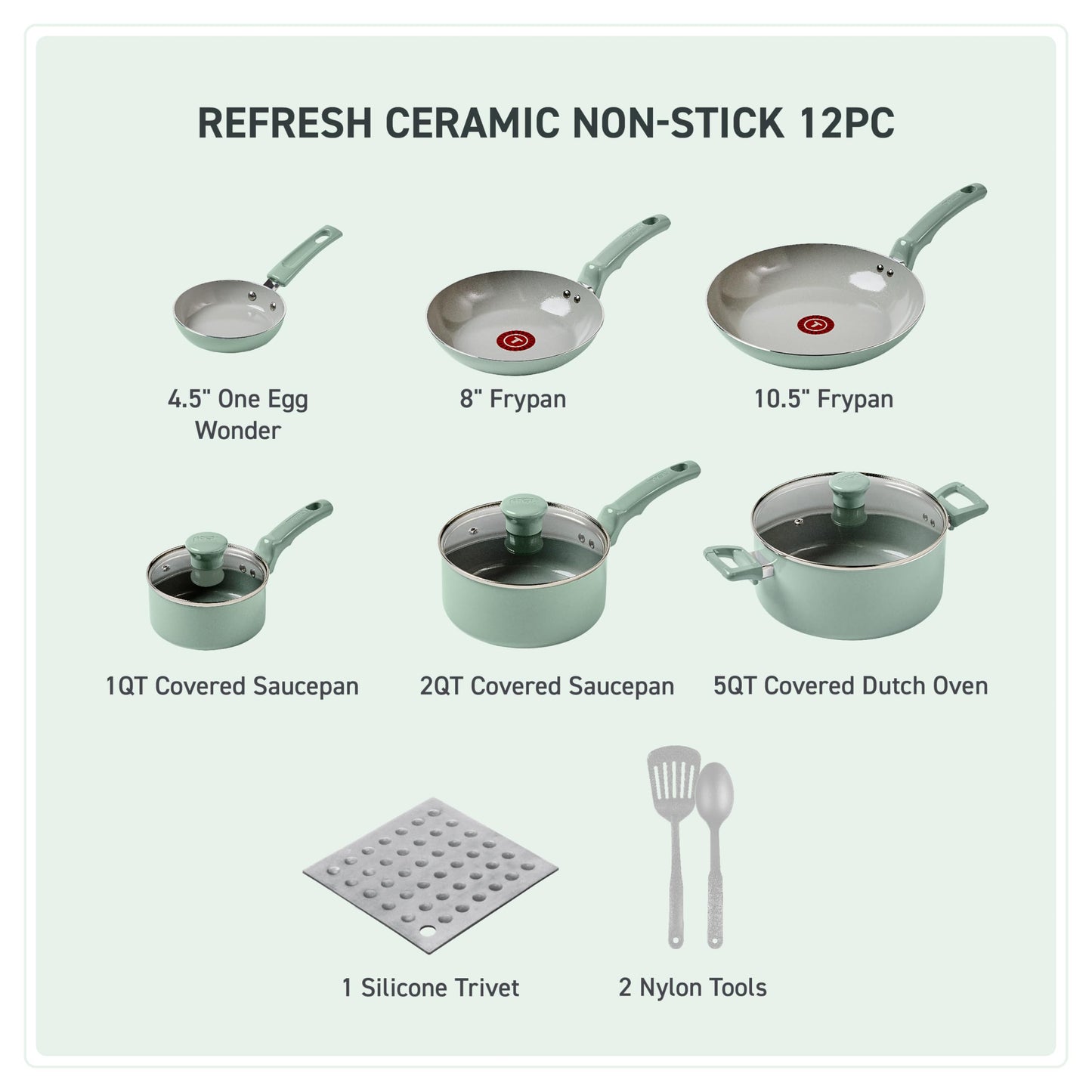 T-Fal Refresh Ceramic Nonstick 12-Piece Cookware Set, Oven Safe Up to 350ºF, Includes Stockpot, Griddle, Frying Pan, Utensils, Ceramic Cookware, Mint Green T-Fal
