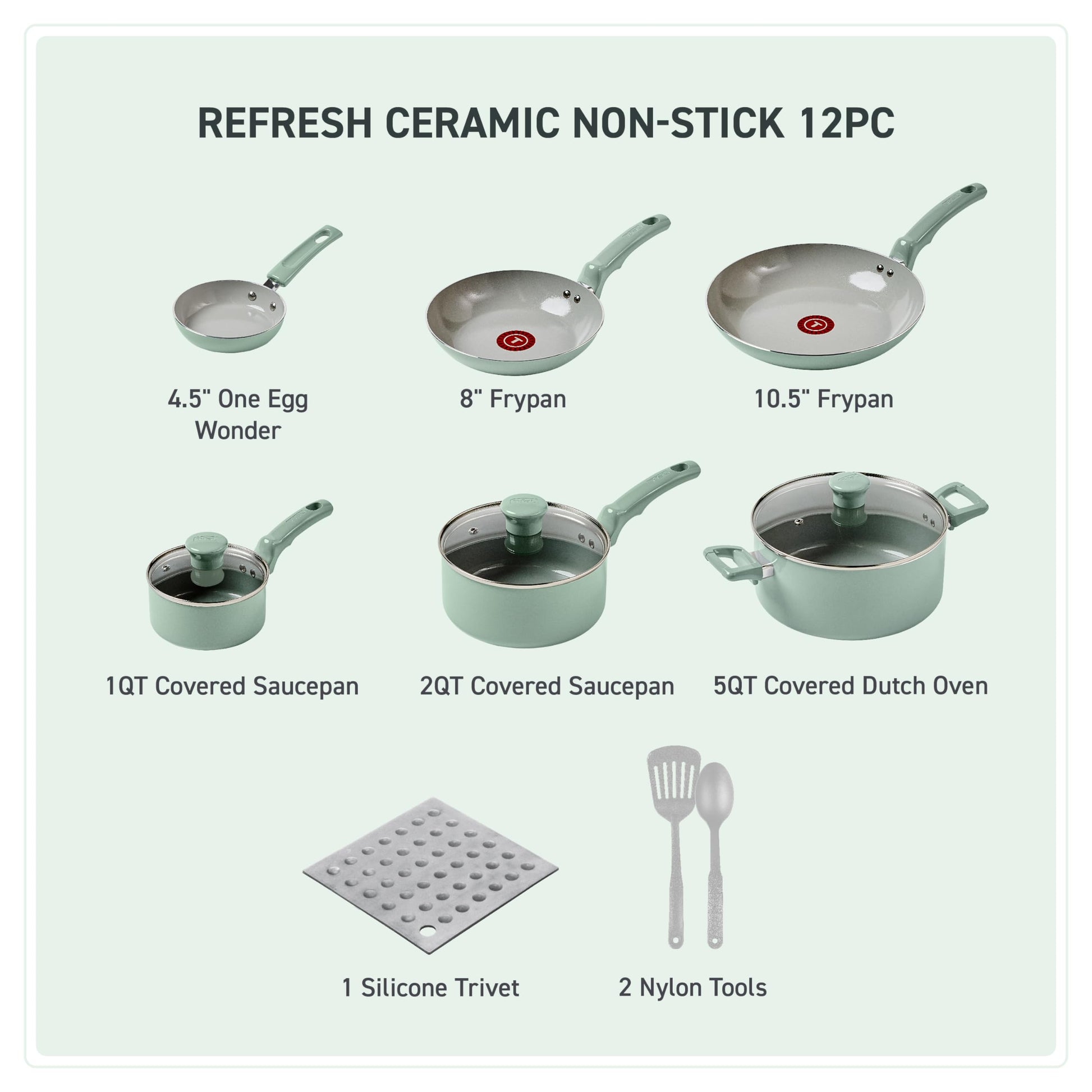 T-Fal Refresh Ceramic Nonstick 12-Piece Cookware Set, Oven Safe Up to 350ºF, Includes Stockpot, Griddle, Frying Pan, Utensils, Ceramic Cookware, Mint Green T-Fal