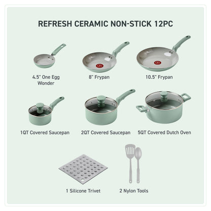 T-Fal Refresh Ceramic Nonstick 12-Piece Cookware Set, Oven Safe Up to 350ºF, Includes Stockpot, Griddle, Frying Pan, Utensils, Ceramic Cookware, Mint Green T-Fal