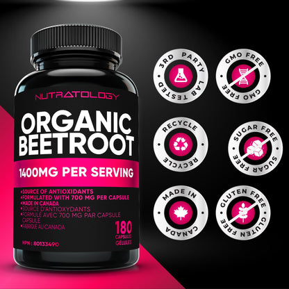 Nutratology® Organic Beetroot Capsules | 1400mg per Daily Serving | 180 Capsules | Canadian Made | Source of Antioxidants | Organic Beet Root Powder - Available at All In One Marketplace Canada