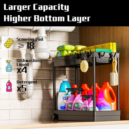 Cicilyna 2 Pack Under Sink Organizer, 2 Tier Bathroom Cabinet Organizers and Storage with Hook, Multi-purpose Storage Basket Shelf for Kitchen, Black - Available at All In One Marketplace Canada