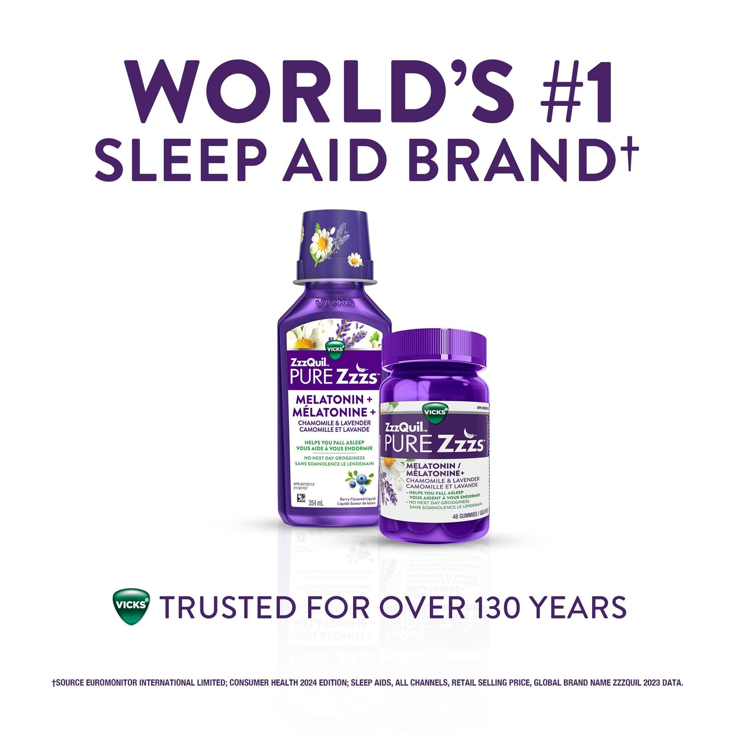 Vicks ZzzQuil PURE Zzzs Melatonin Sleep Aid Gummies with Chamomile, Lavender, & Valerian Root, 1mg per gummy, 48 Count