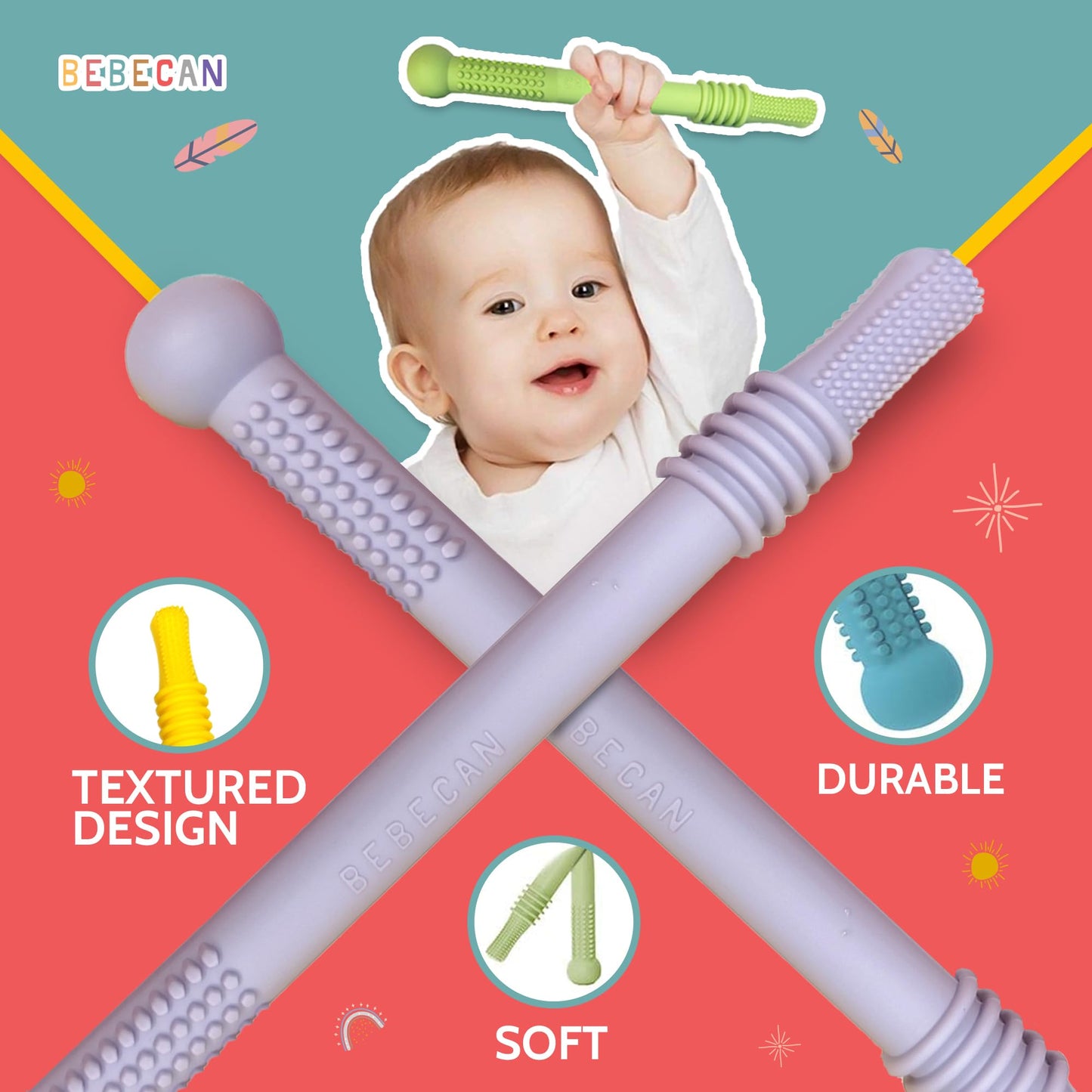 BEBECAN Teething Toys for Babies, Baby Teething Relief, 6 Vibrant Colors, Super Soft Silicone Jouet Dentition Bebe, Perfect Baby Gifts Baby Boy Gifts