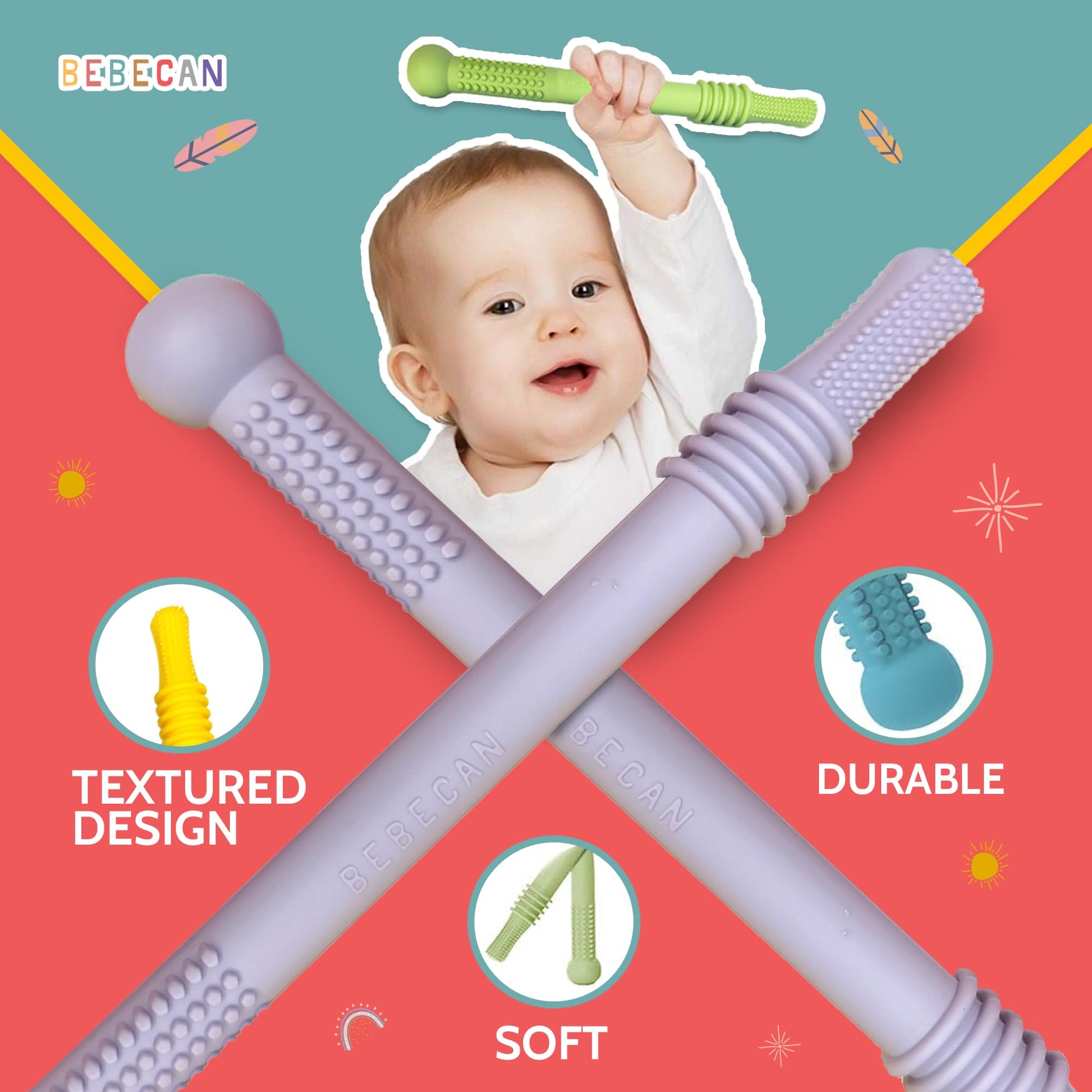 BEBECAN Teething Toys for Babies, Baby Teething Relief, 6 Vibrant Colors, Super Soft Silicone Jouet Dentition Bebe, Perfect Baby Gifts Baby Boy Gifts