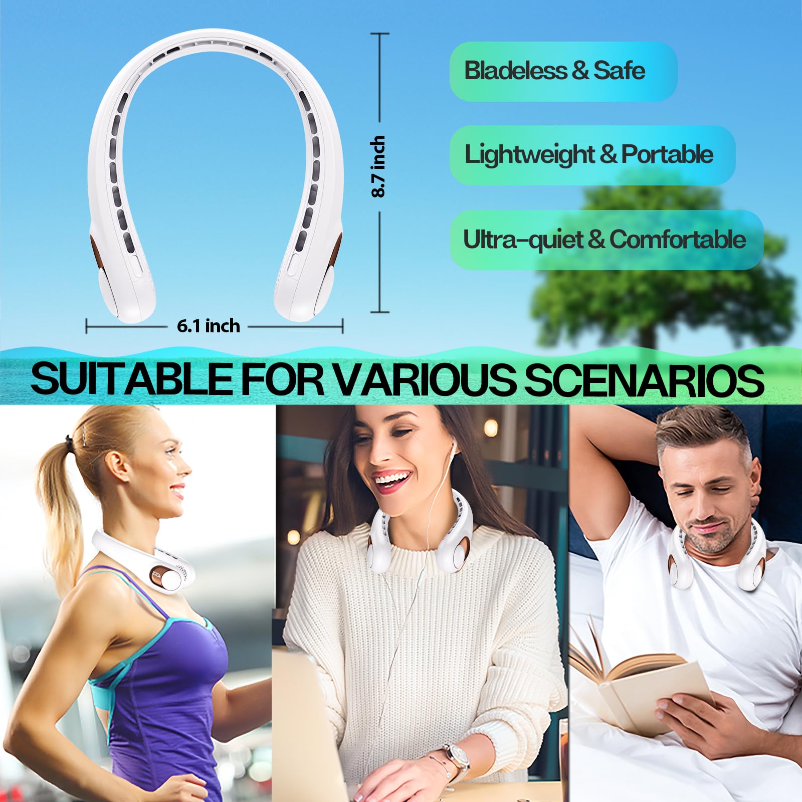 Neck Fan Rechargeable with LED Display & 360° Cooling Airflow, Portable Fan Bladeless Cooler, 4000mAh Battery, 3 Speed Settings, Ultra-Quiet Personal Fans for Home, Office, Travel, Sports - White - Available at All In One Marketplace Canada
